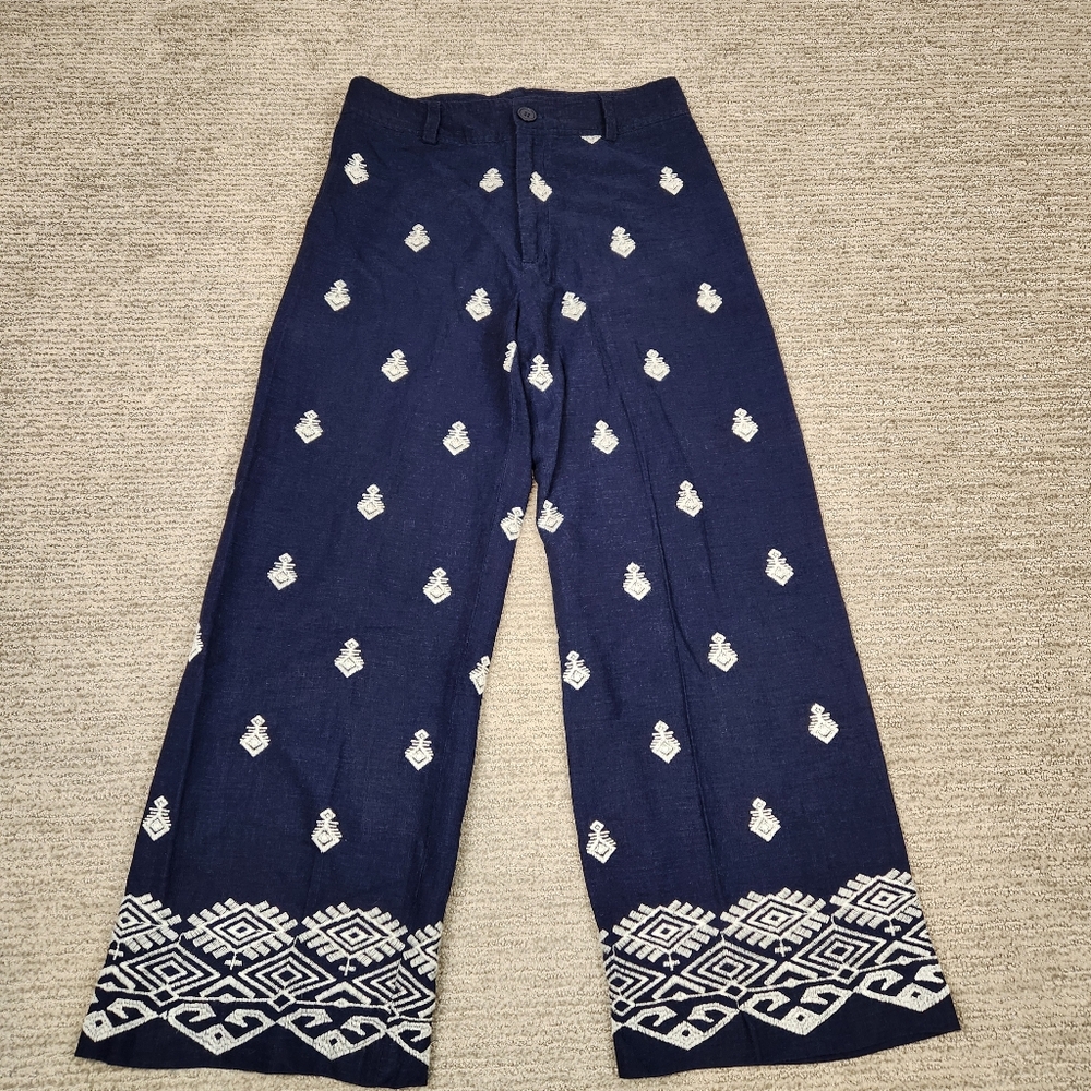 Elie Tahari Linen Blend Pant Womens 6 Wide Leg Navy Blue Embroidered Nautical